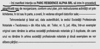 PARC RESIDENCE ALPHA a vrut să intre DIRECT ÎN FALIMENT; doi membri ai Comitetului Creditorilor nu au cererile de creanţe la „dosarul mamă” (document ataşat)